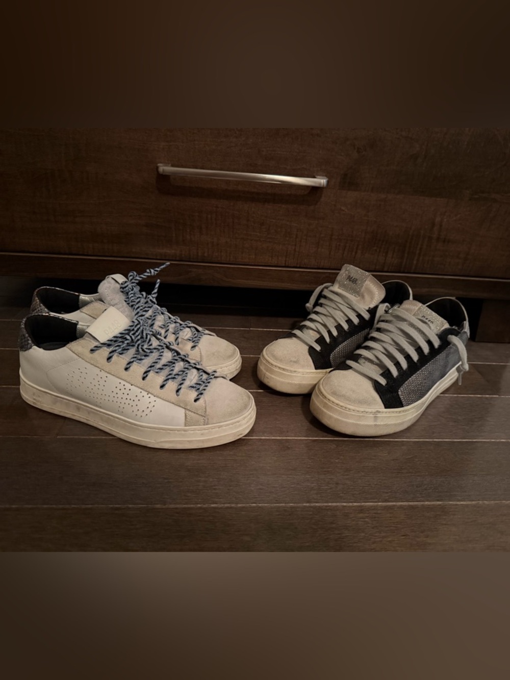 P448 Women's Low-Top Sneakers in White, Beige and Black. Two pair.